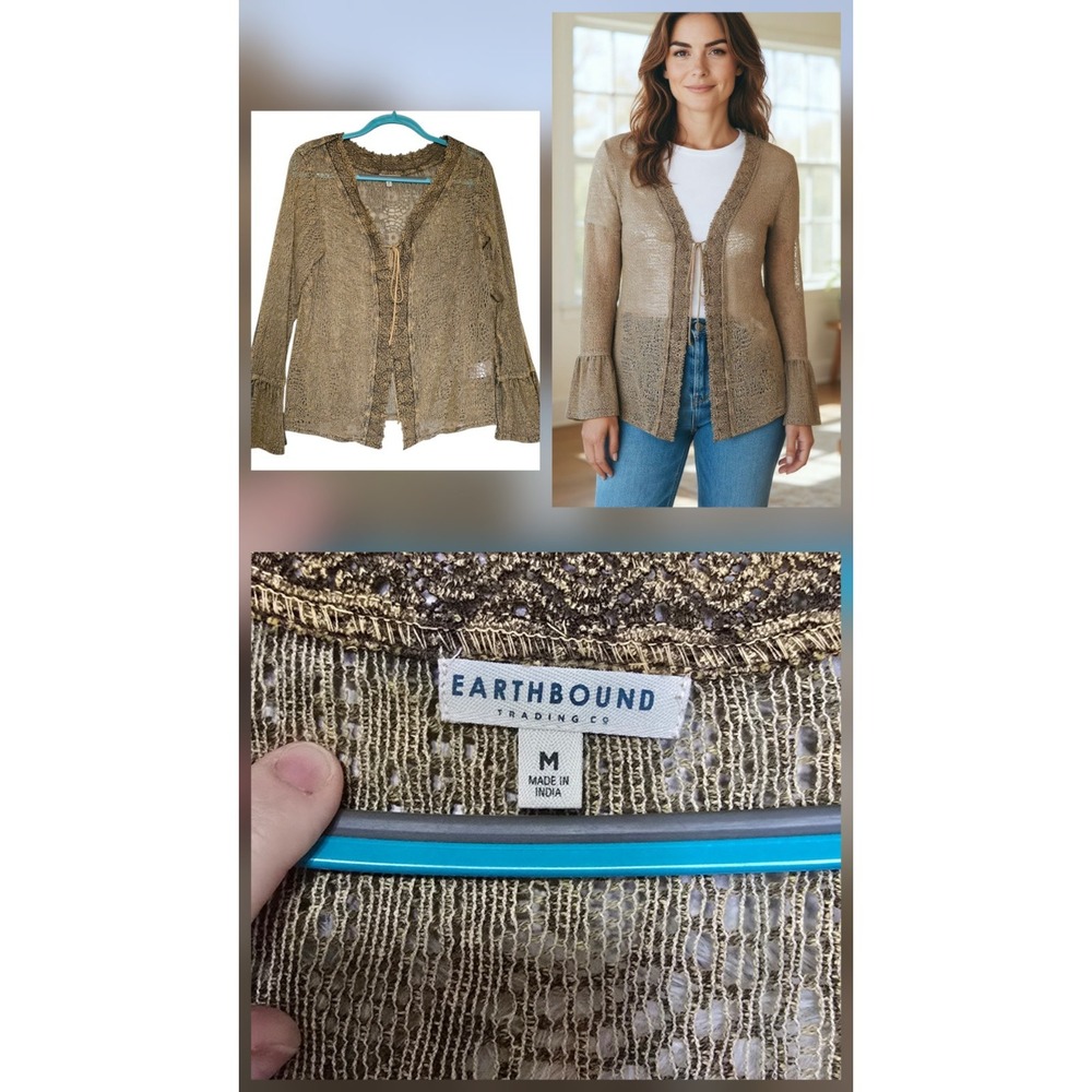 EarthBound Cardigan Womens Size Med Brown‎ Knit Neutral Boho Bell Draped